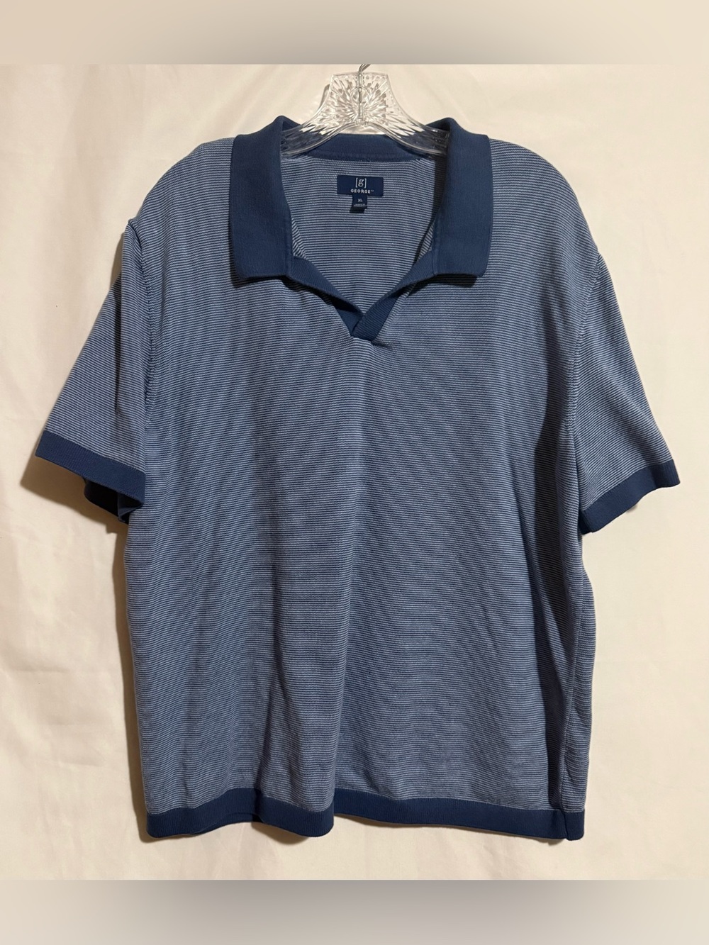George Men’s Blue Striped Knit Polo Shirt XL Collared Short Sleeve Cotton